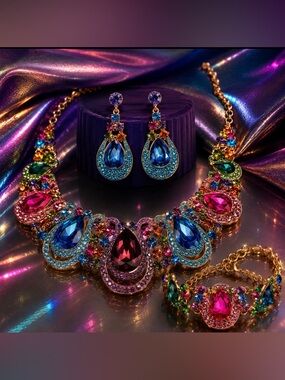 Teardrop Crystal Statement Bib Necklace + Bracelet & Dangle Earrings-Multicolor